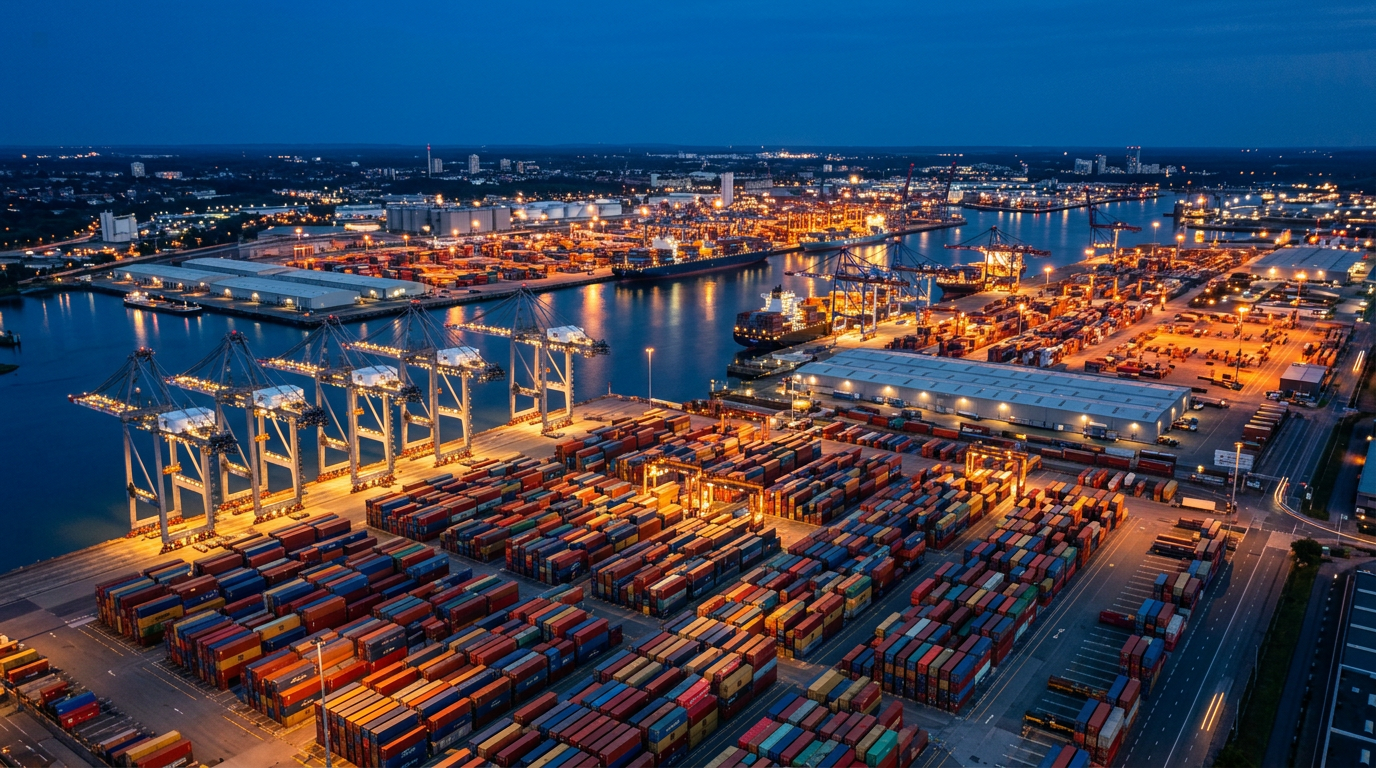 Modern container port at blue hour